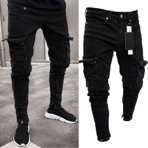 Destroyed Stretchy Biker Skinny Jeans - Ripped Long Denim Trousers - Alt Style Clothing