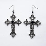 Goth Inverted Crucifix Teardrop Dangle Earrings With Black Crystal