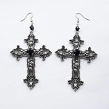 Goth Inverted Crucifix Teardrop Dangle Earrings With Black Crystal