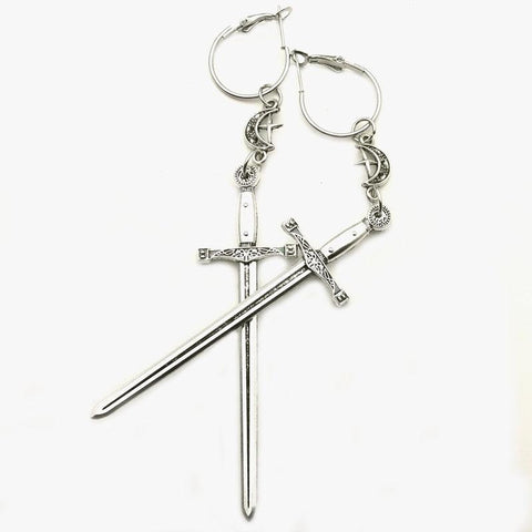 Sword Dagger Hoop Lever Back Witch or Pagan Alternative Gothic Classic Metal Earrings 