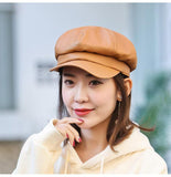 Solid color Octagonal Cap Hats Female Winter Leather