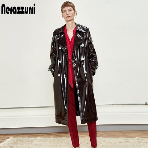 Long Black Patent Leather Trench Coat with Double Breasted Buttons - Alt Style Clothing
