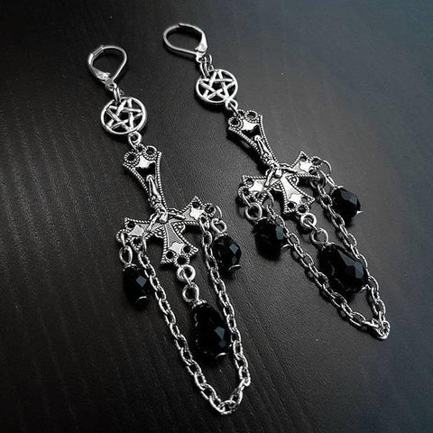 Goth Inverted Crucifix Teardrop Dangle Earrings With Black Crystal - Alt Style Clothing