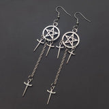 Pentagram Swords Earrings Silver Plated Huggie Hoops Dangle Witchy Jewelry - Alt Style Clothing