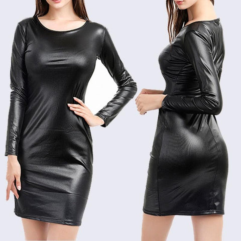 Sexy Nightclub Dress Faux Leather Long Sleeve O-Neck - Alt Style Clothing