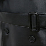 Long Black Faux Leather Trench Coat Drop Shoulder Belt - Alt Style Clothing