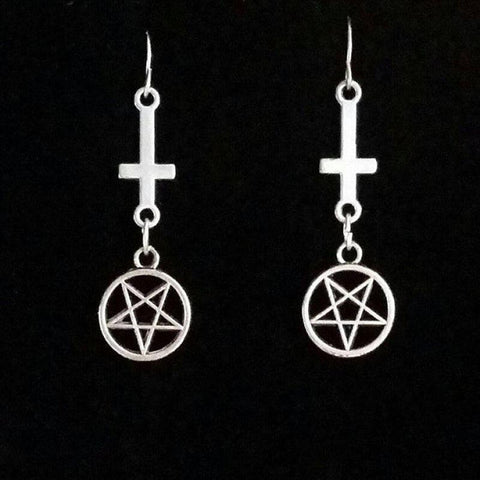 Cute Punk Inverted Cross Pentagram Satanic Gothic Drop Earring - Alt Style Clothing