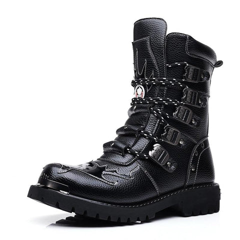 Rev up Your Style with Leather Motorcycle Mid-calf Military Combat Gothic Belt Punk Boots