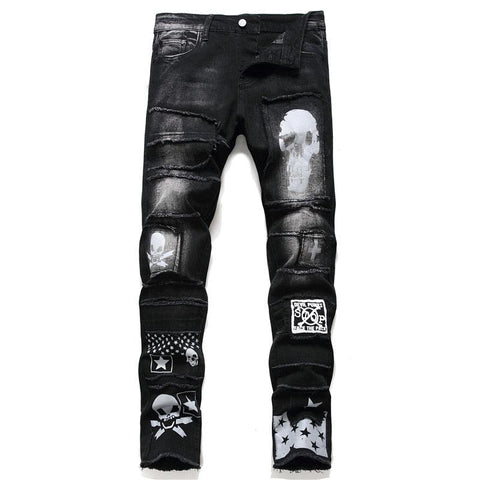 High Quality Black Denim Biker Jeans with Skull Design - Casual Style - Alt Style Clothing