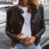 Faux Leather Motorcycle Jacket with Bodycon Fit for Casual Wear - Alt Style Clothing