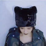 Black Plush Beret - Punk Gothic Style with Cross Pin and Cat Ears - Alt Style Clothing