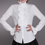 Victorian Office Ladies White Shirt High Neck Frilly Ruffle Cuffs - Alt Style Clothing