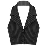 Elegant Stripe Waistcoat Vest Halter Neck V-Neck Style
