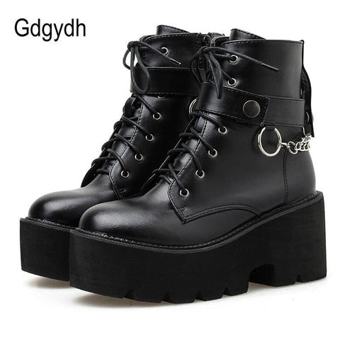 Gdgydh Gothic Leather Platform Ankle Boots with Chain Detail and Block Heel - Alt Style Clothing