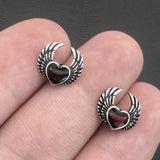 Gothic Silver Vintage Blood Red Heart with Wings Ear Studs - Alt Style Clothing