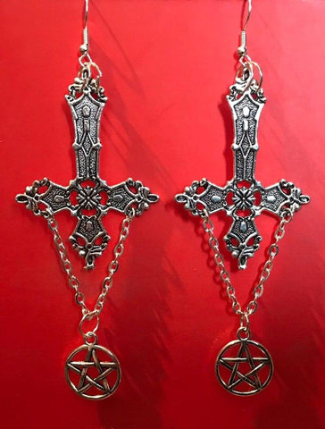Gothic Wicca Witchcraft Pentagram, Inverted Pentagram Black Magic Earrings - Alt Style Clothing
