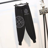Loose Knitted Trousers with Heavy Embroidery and Hot Drilling - Slimming Fit - Alt Style Clothing