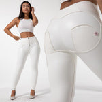 High-Waisted White Faux Leather Skinny Pants - Leather Look Fashion Leggings with Booty Lift Effect