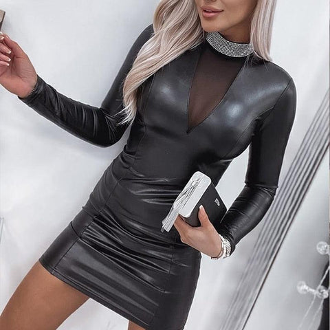 Elegant Long Sleeve Casual Round Neck Dress PU Leather Bodycon Dress - Alt Style Clothing