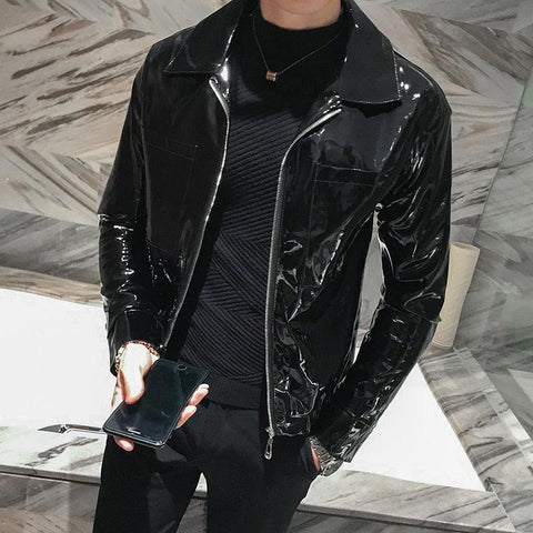 Shiny Solid Color Slim Fit Leather Jacket for Nightclub Wear