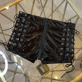 Black Bright Patent Leather Bandage Shorts - PVC Goth Style - Alt Style Clothing
