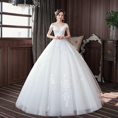 Embroidered Lace on Net Boat Neck Lace up Wedding Dress - Alt Style Clothing