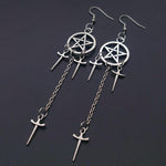 Pentagram Swords Earrings Silver Plated Huggie Hoops Dangle Witchy Jewelry 