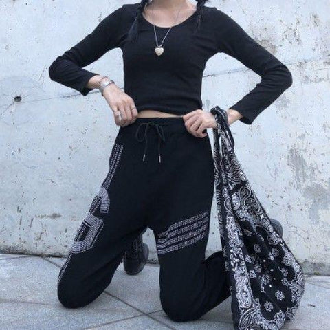 Loose Knitted Trousers with Heavy Embroidery and Hot Drilling - Slimming Fit - Alt Style Clothing