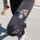 Leather Leggings with Stretch Splicing and Lace PU Design