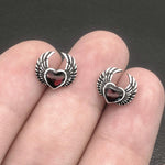 Gothic Silver Vintage Blood Red Heart with Wings Ear Studs