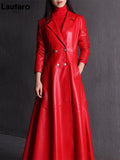 Long Skirted Faux Leather Trench Coat with Double Breasted Design for Women - Elegant and Luxurious - Alt Style Clothing
