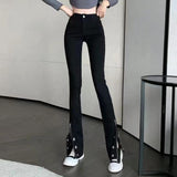 Casual Stretch Pants with Elastic High Waist and Metal Buttons - Alt Style Clothing
