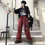 Woman Gothic Checkered Cargo Plaid Pants - Punk Baggy Style with Wide Leg Trousers