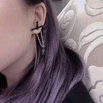 Rock Your Look with Black Big Cross Drop Earrings Vintage Rock Long Chain Ear Piercing - Alt Style Clothing