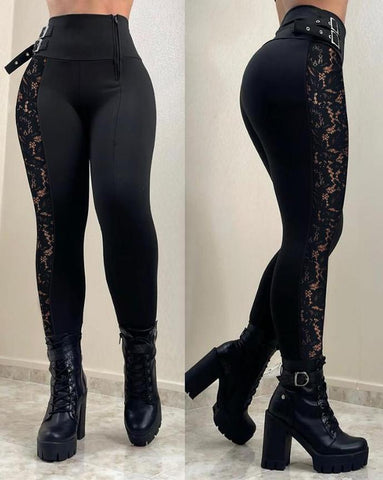 Plain Contrast Lace Buckle Decor Skinny Pants - Sexy High-Waist Style - Alt Style Clothing