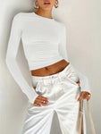Slim Fit Long Sleeve Crop Top - Crew Neck with Thumb Holes and Solid Color