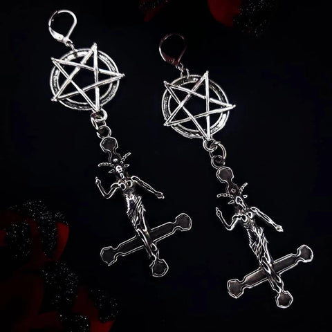 Goth Punk Style Inverted Pentagram Baphomet Satan Earrings 