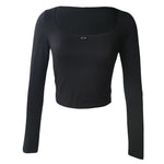 Square Neck Long Sleeve Crop Top - Solid Color with Slim Fit