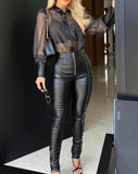 Plain PU Leather Studded Zipper Design Sexy Skinny Long Pants - Alt Style Clothing