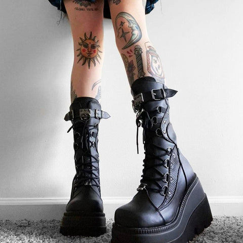 Hot Gothic High Heels Mid Calf Platform Booties - Alt Style Clothing