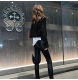 Short Black Reflective Patent Leather Jacket for Women