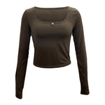 Square Neck Long Sleeve Crop Top - Solid Color with Slim Fit