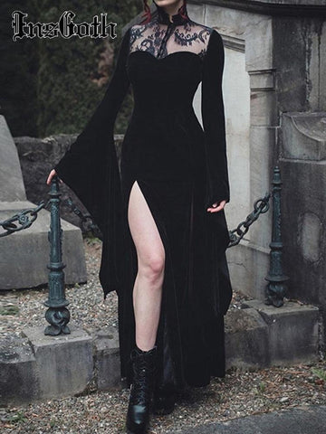 Long Dress Black High Waist Flared Sleeve Lace Cutout Gothic Maxi Dress - Alt Style Clothing