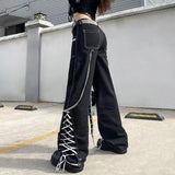 Gothic Aesthetic Lace Up Patchwork Bandage Trousers Straight Pants - Alt Style Clothing