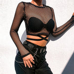 Gothic Long Sleeve Fishnet Top - Hollow See-Through Mesh