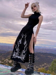 Unleash Your Dark Side with Our Gothic Print Midi Dress with Turtleneck Long Dress - Alt Style Clothing