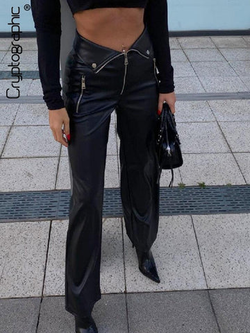 Chic Straight-Leg PU Leather Pants - High-Rise with Zip-Up Design, Perfect for Clubbing or Casual Wear - Alt Style Clothing