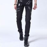 Punk Style Gothic Jeans with Chains - Multi-Zipper Pencil Pants