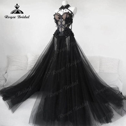 Gothic Black Long Bridal Gown - Alt Style Clothing
