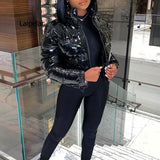 Glossy Patent Leather Padded Short Jacket with Stand-up Collar and Solid Design